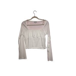 Poof White Ribbed Square Neck Cropped Long Sleeve Top Size Large